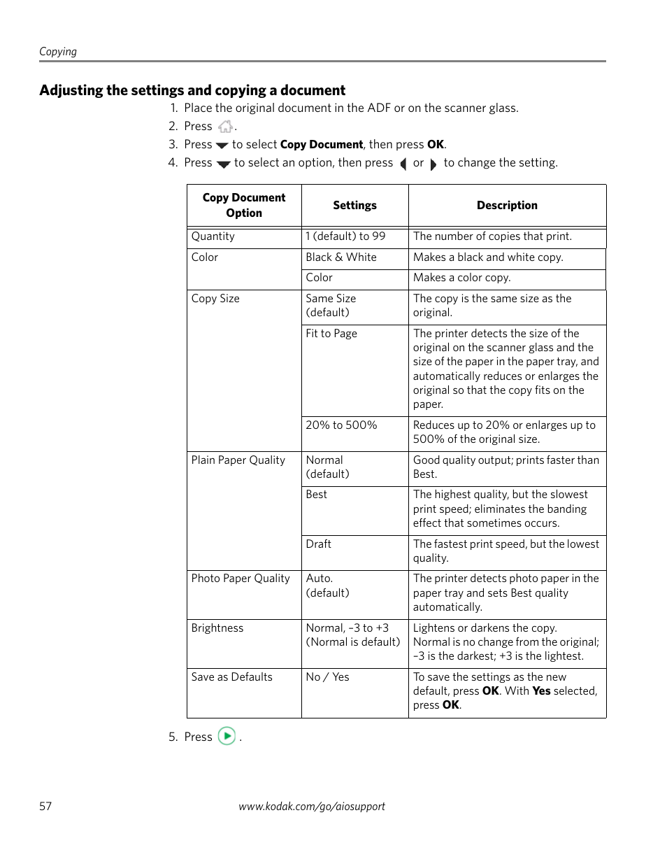 Adjusting the settings and copying a document, Adjusting the settings and copying a | Kodak 2.2 User Manual | Page 64 / 127