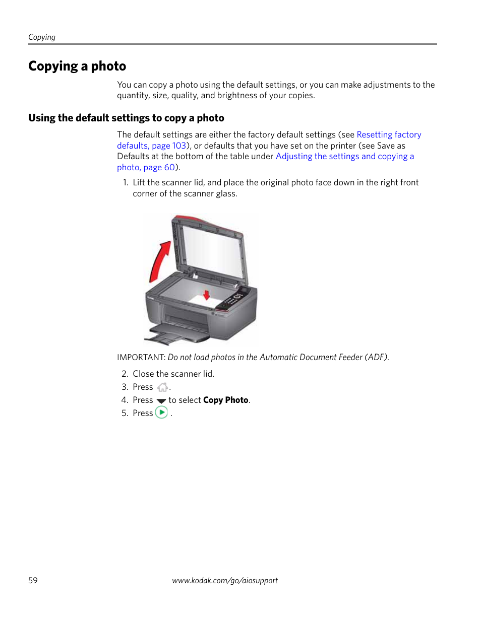 Copying a photo, Using the default settings to copy a photo | Kodak 2.2 User Manual | Page 66 / 127