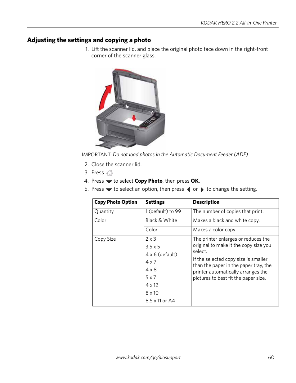 Adjusting the settings and copying a photo, Adjusting the settings and copying a | Kodak 2.2 User Manual | Page 67 / 127