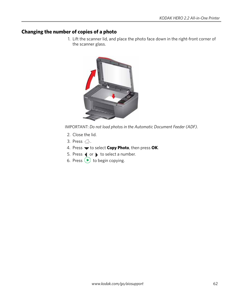 Changing the number of copies of a photo | Kodak 2.2 User Manual | Page 69 / 127