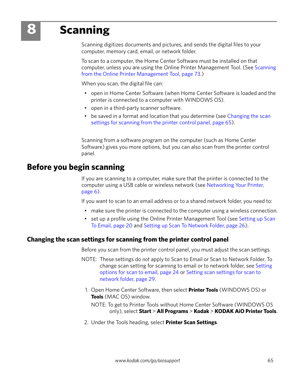 Scanning, Before you begin scanning, 8 scanning | Kodak 2.2 User Manual | Page 72 / 127