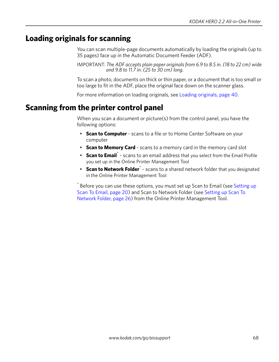 Loading originals for scanning, Scanning from the printer control panel | Kodak 2.2 User Manual | Page 75 / 127