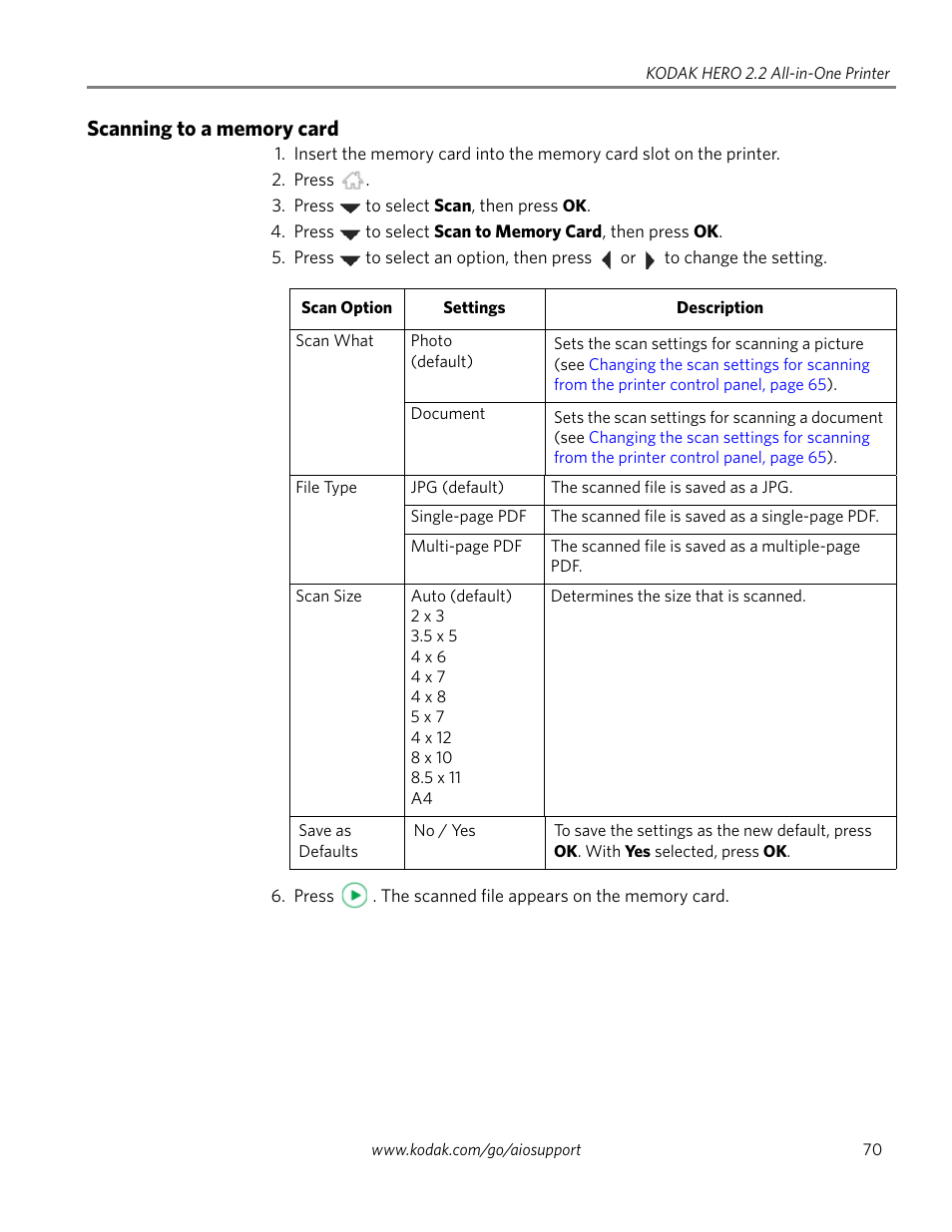 Scanning to a memory card | Kodak 2.2 User Manual | Page 77 / 127