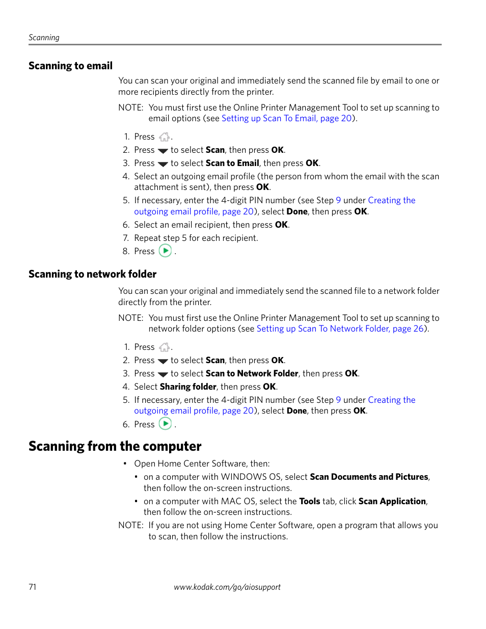 Scanning to email, Scanning to network folder, Scanning from the computer | Scanning to email scanning to network folder | Kodak 2.2 User Manual | Page 78 / 127