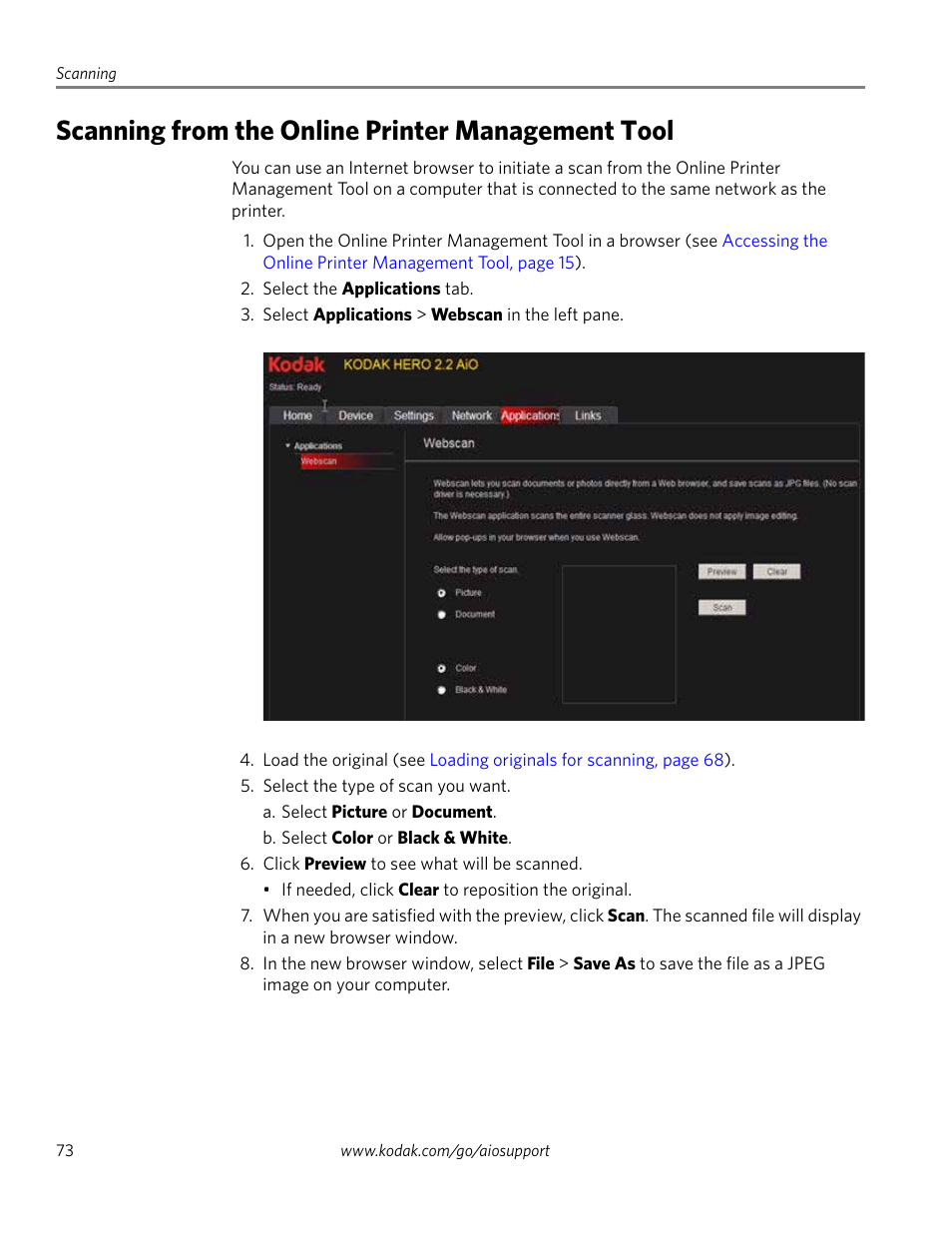 Scanning from the online printer management tool, Scanning | Kodak 2.2 User Manual | Page 80 / 127