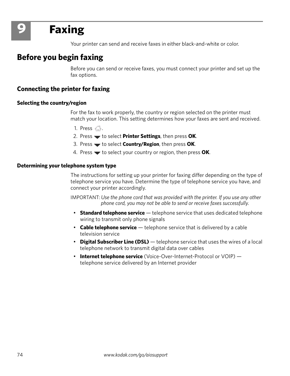 Faxing, Before you begin faxing, Connecting the printer for faxing | Selecting the country/region, Determining your telephone system type, 9 faxing | Kodak 2.2 User Manual | Page 81 / 127