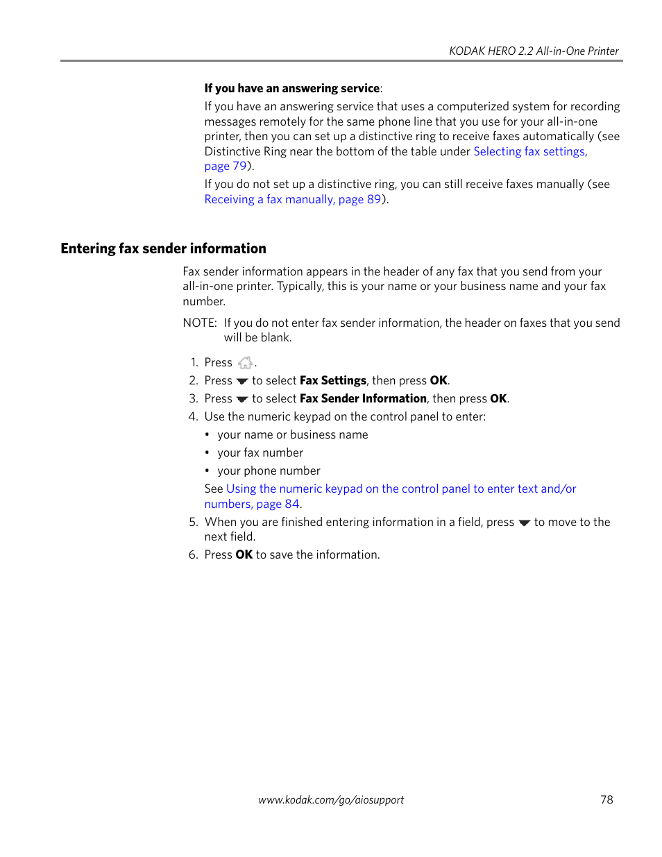 Entering fax sender information, Entering fax sender | Kodak 2.2 User Manual | Page 85 / 127