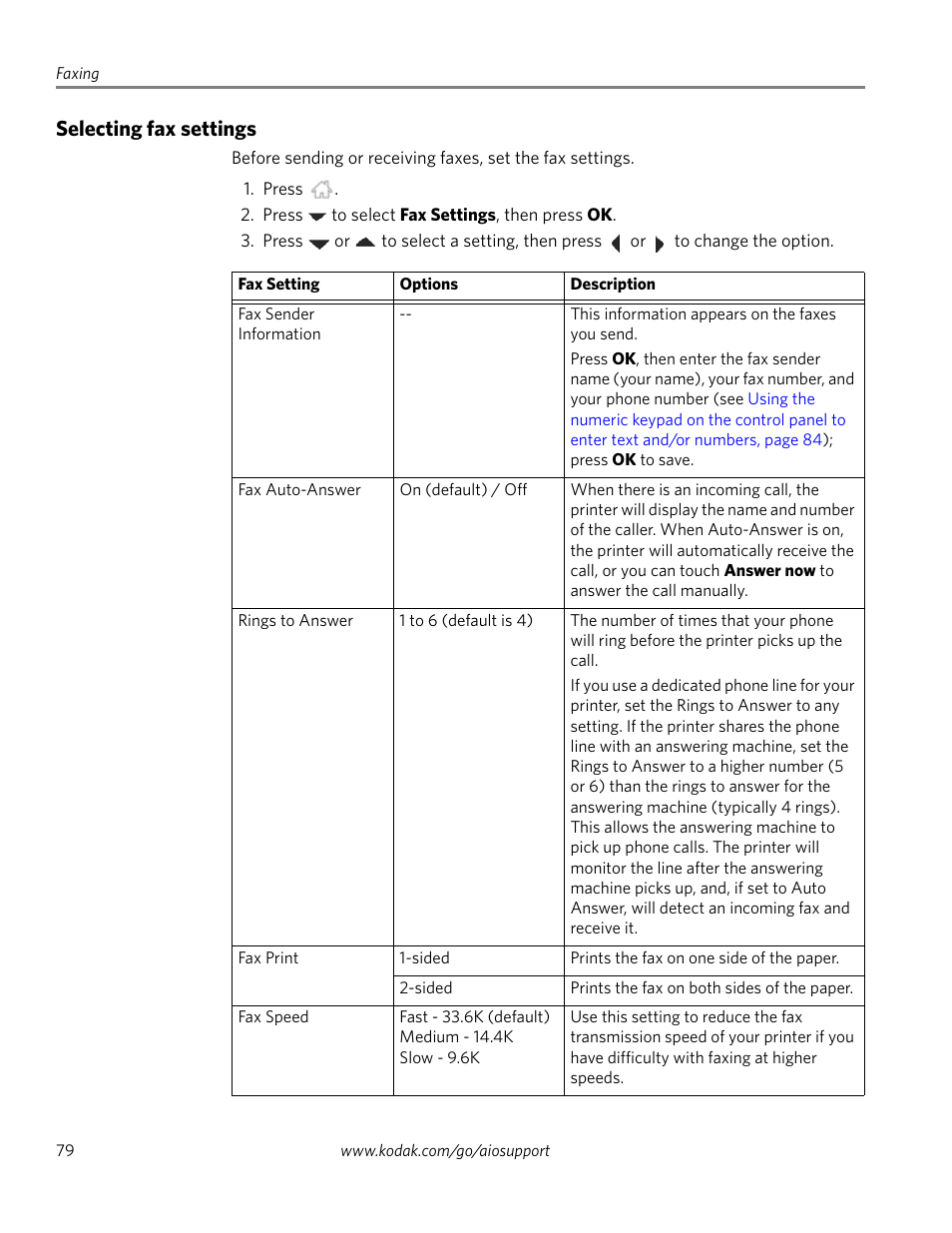 Selecting fax settings | Kodak 2.2 User Manual | Page 86 / 127