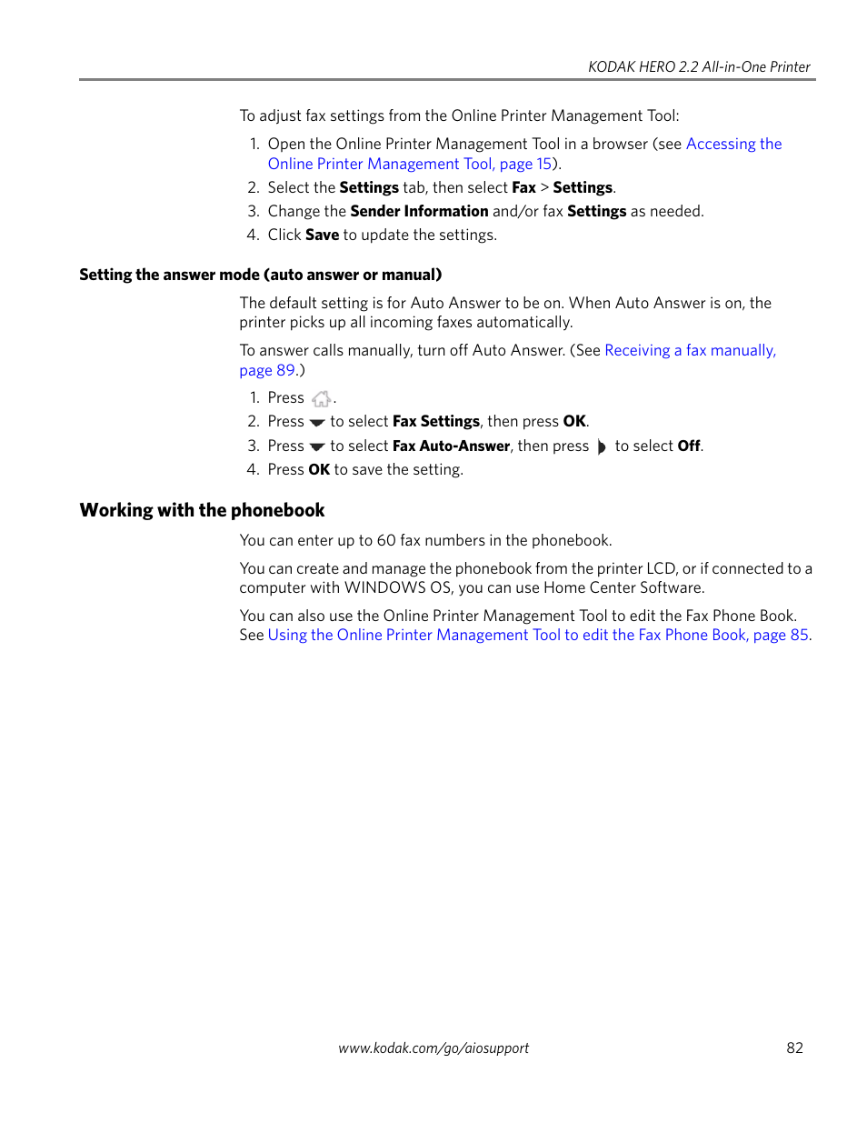 Setting the answer mode (auto answer or manual), Working with the phonebook | Kodak 2.2 User Manual | Page 89 / 127