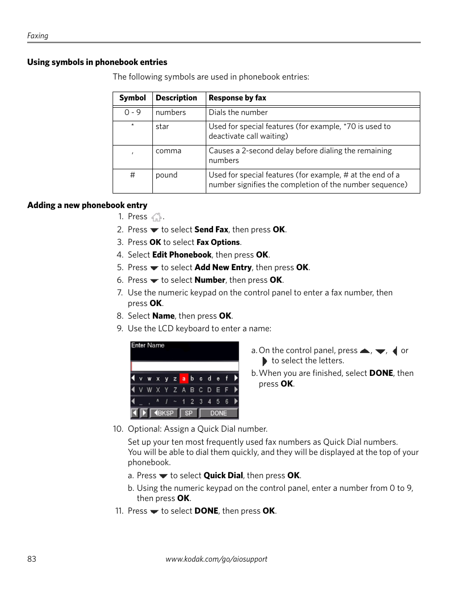 Using symbols in phonebook entries, Adding a new phonebook entry | Kodak 2.2 User Manual | Page 90 / 127