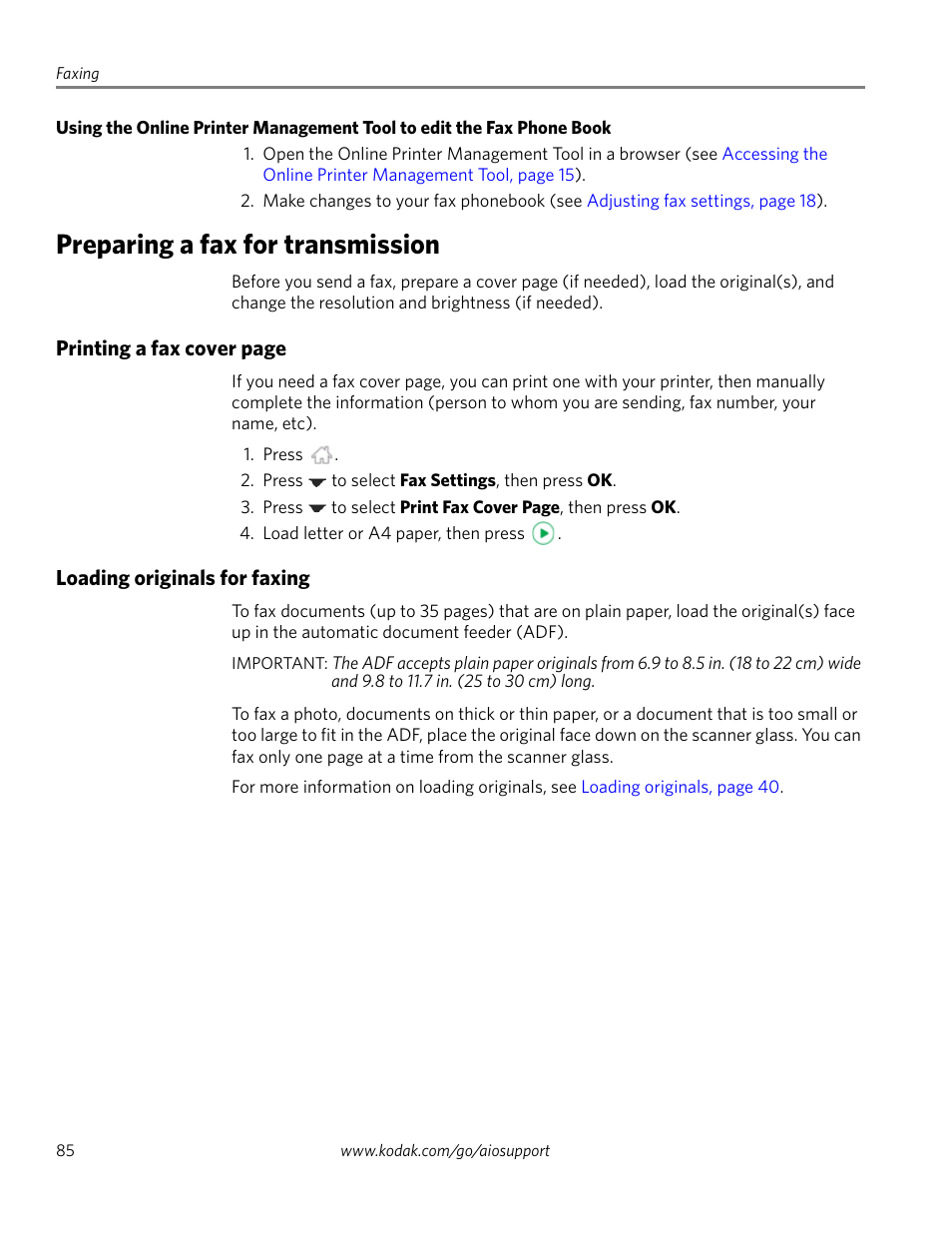 Preparing a fax for transmission, Loading originals for faxing | Kodak 2.2 User Manual | Page 92 / 127