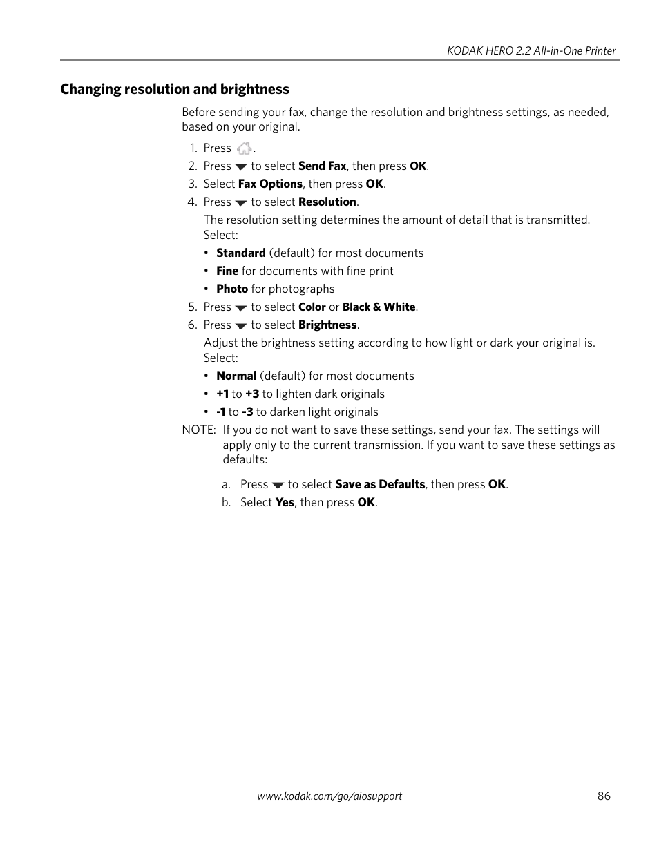 Changing resolution and brightness | Kodak 2.2 User Manual | Page 93 / 127