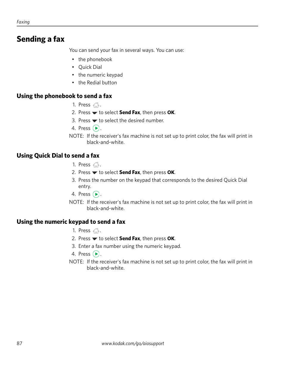 Sending a fax, Using the phonebook to send a fax, Using quick dial to send a fax | Using the numeric keypad to send a fax | Kodak 2.2 User Manual | Page 94 / 127