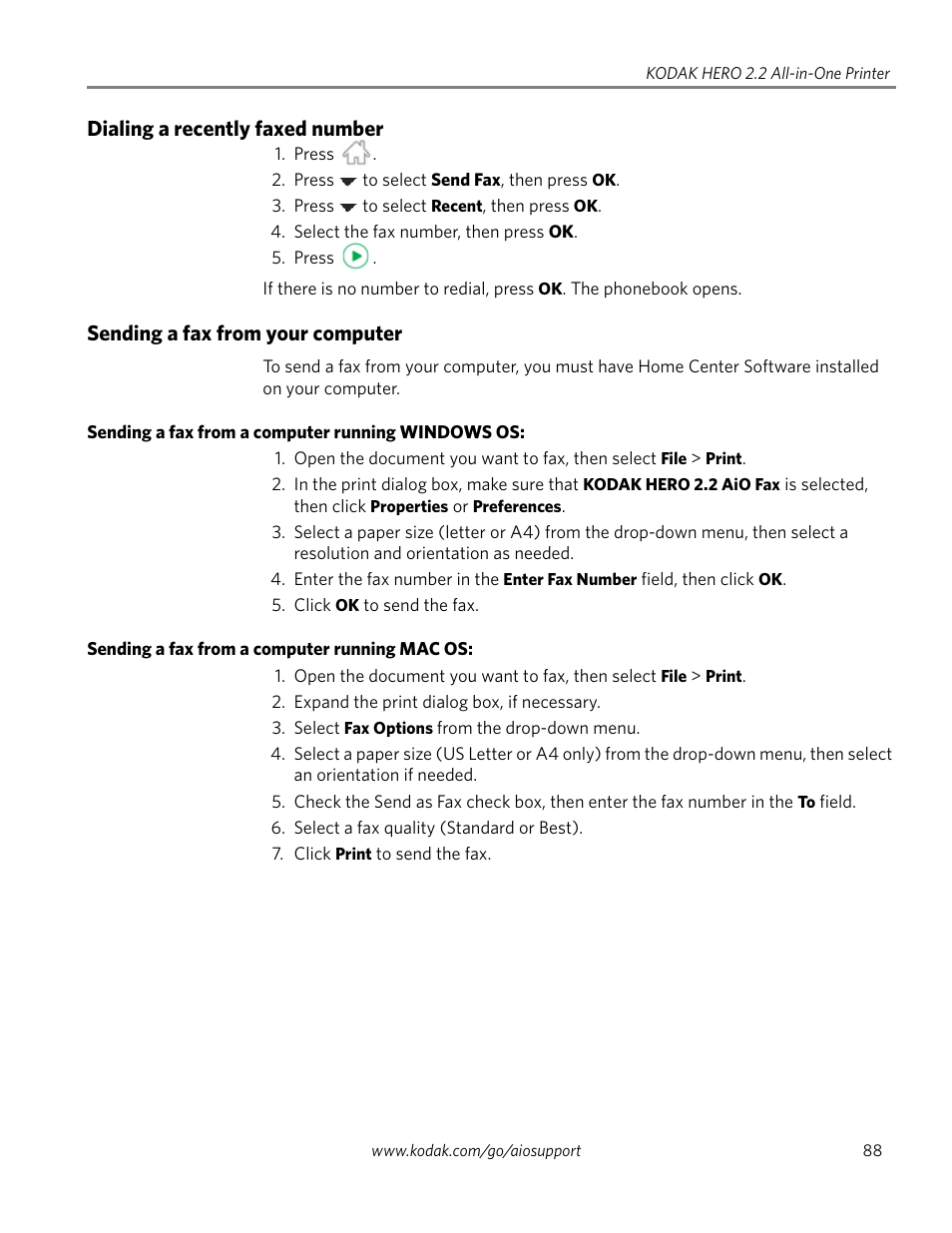 Dialing a recently faxed number, Sending a fax from your computer, Sending a fax from a computer running windows os | Sending a fax from a computer running mac os | Kodak 2.2 User Manual | Page 95 / 127