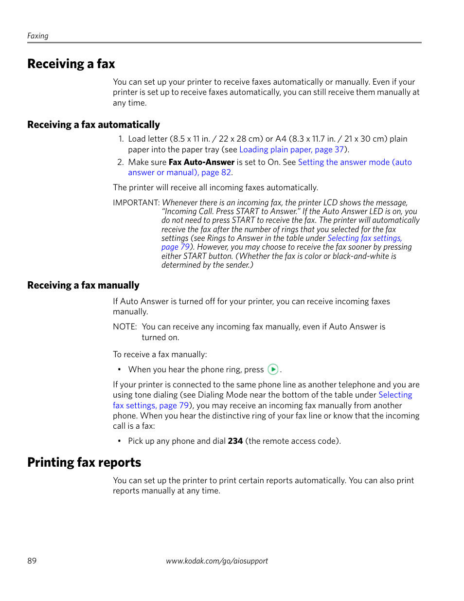 Receiving a fax, Receiving a fax automatically, Receiving a fax manually | Printing fax reports | Kodak 2.2 User Manual | Page 96 / 127