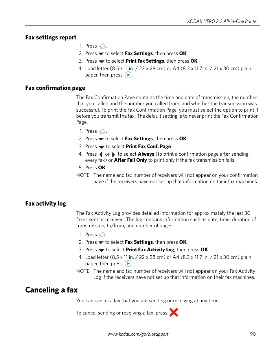 Fax settings report, Fax activity log, Canceling a fax | Kodak 2.2 User Manual | Page 97 / 127