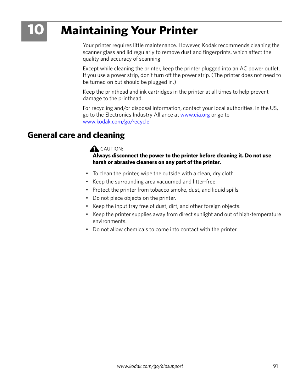 Maintaining your printer, General care and cleaning, 10 maintaining your printer | Kodak 2.2 User Manual | Page 98 / 127