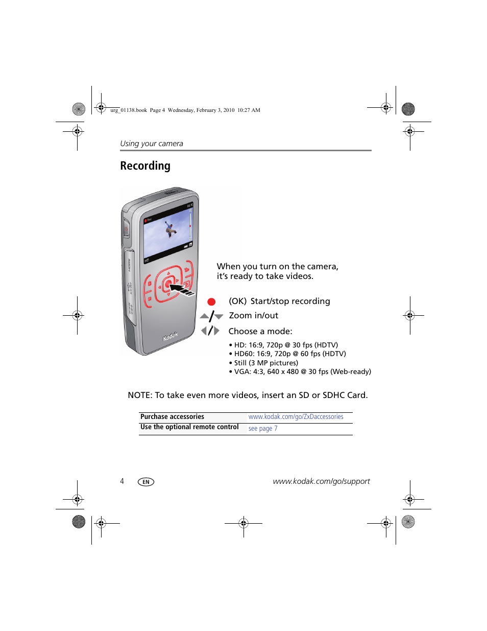 Recording | Kodak ZxD User Manual | Page 10 / 26