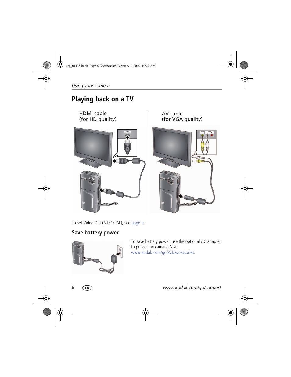 Playing back on a tv, Save battery power | Kodak ZxD User Manual | Page 12 / 26
