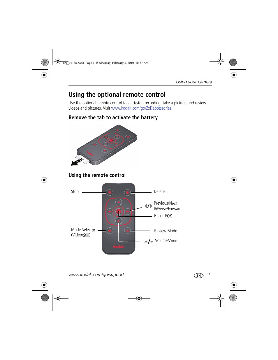 Using the optional remote control, Remove the tab to activate the battery, Using the remote control | Kodak ZxD User Manual | Page 13 / 26