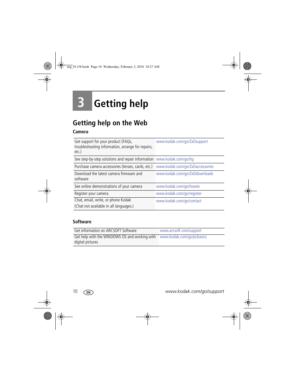 Getting help, Getting help on the web, 3 getting help | Kodak ZxD User Manual | Page 16 / 26