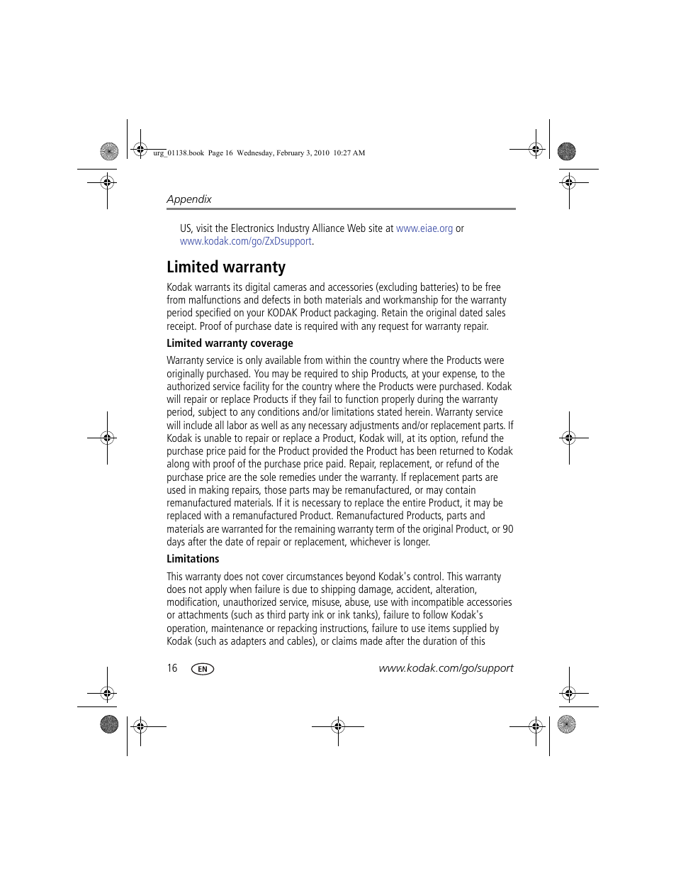 Limited warranty | Kodak ZxD User Manual | Page 22 / 26