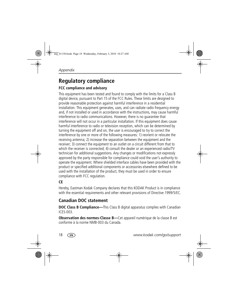 Regulatory compliance, Canadian doc statement | Kodak ZxD User Manual | Page 24 / 26
