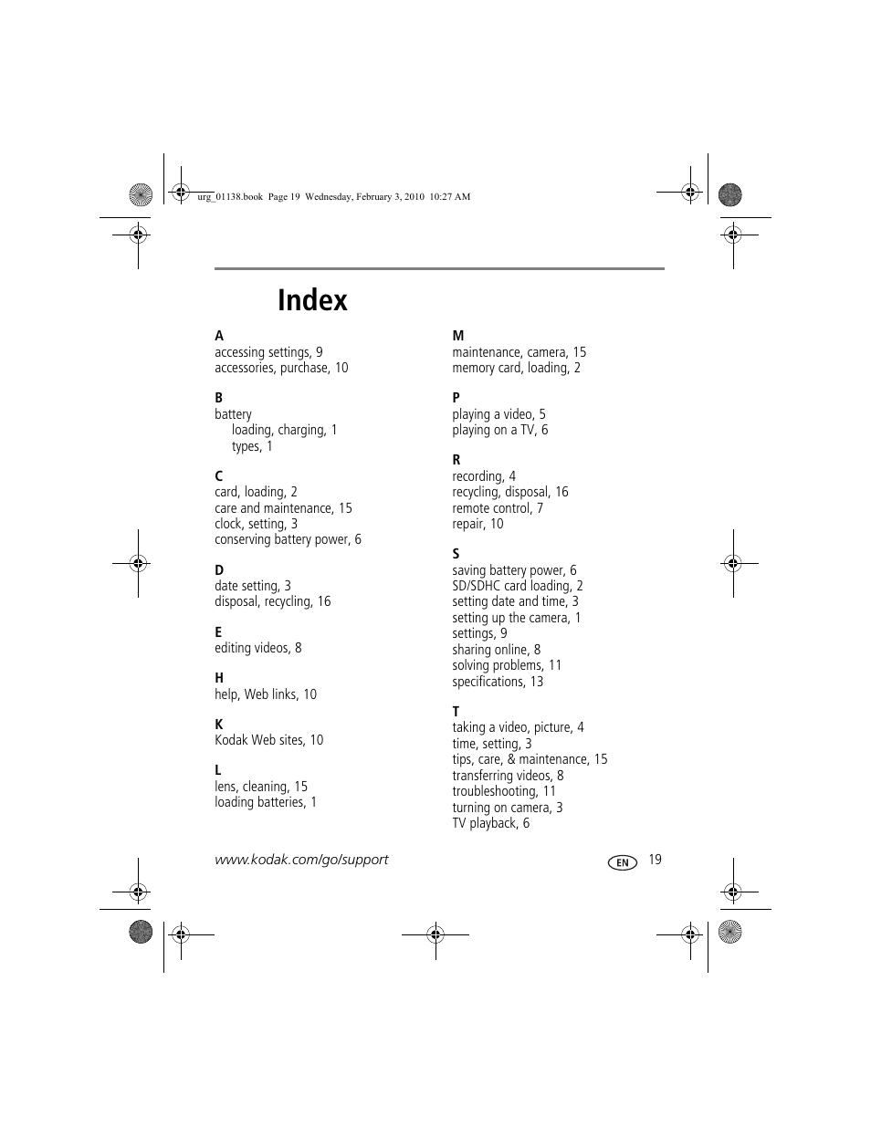 Index | Kodak ZxD User Manual | Page 25 / 26