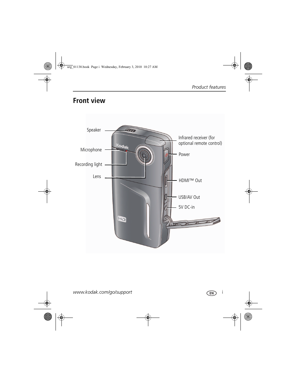 Product features, Front view | Kodak ZxD User Manual | Page 3 / 26