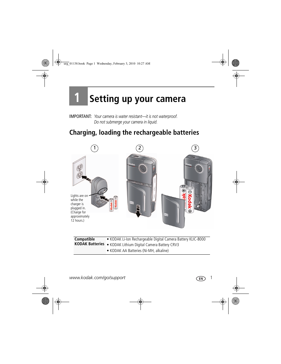 Setting up your camera, Charging, loading the rechargeable batteries, 1 setting up your camera | Kodak ZxD User Manual | Page 7 / 26