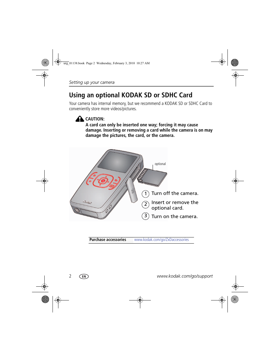 Using an optional kodak sd or sdhc card | Kodak ZxD User Manual | Page 8 / 26