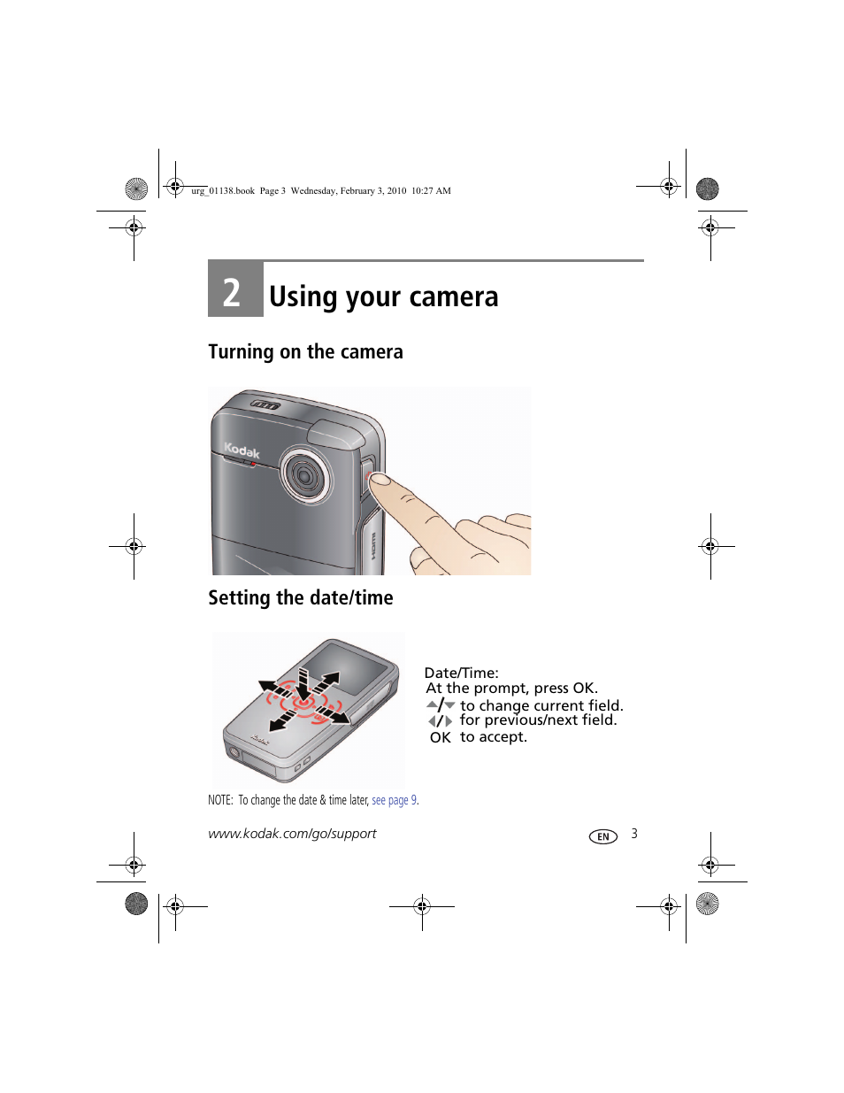 Using your camera, Turning on the camera, Setting the date/time | 2 using your camera, Turning on the camera setting the date/time | Kodak ZxD User Manual | Page 9 / 26