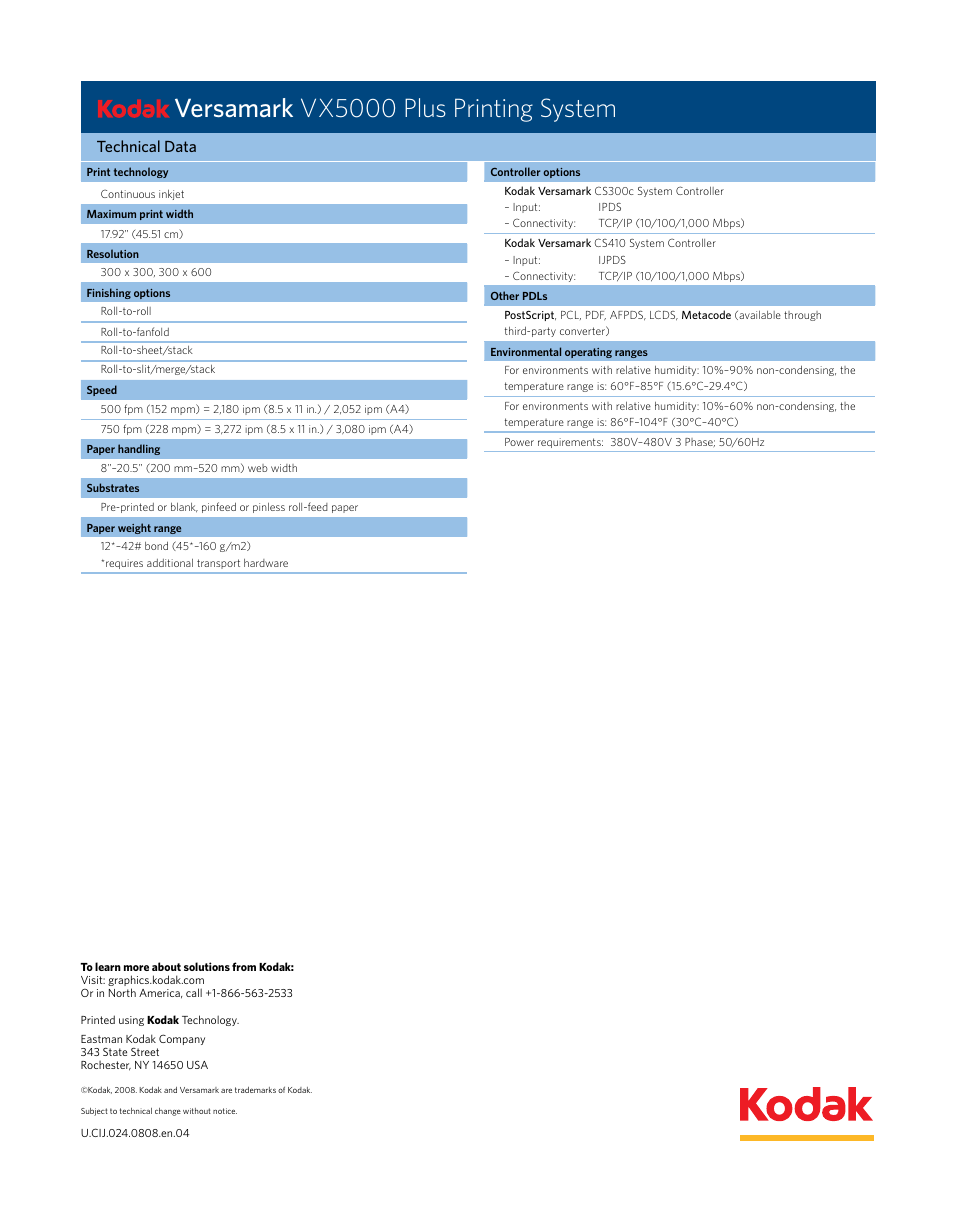 Versamark vx5000 plus printing system, Technical data | Kodak VX5000 User Manual | Page 2 / 2