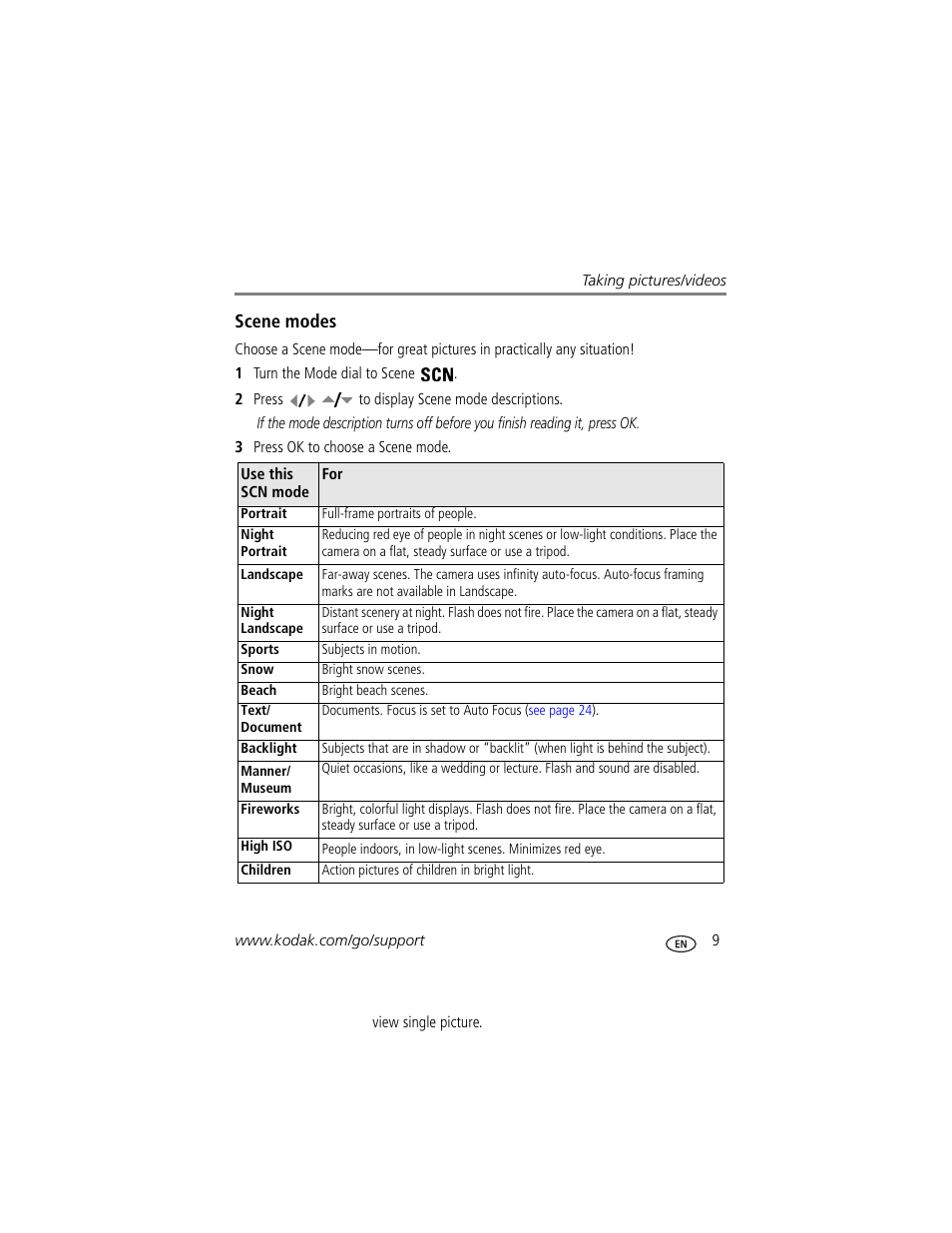 Scene modes | Kodak EASYSHARE C613 User Manual | Page 15 / 69
