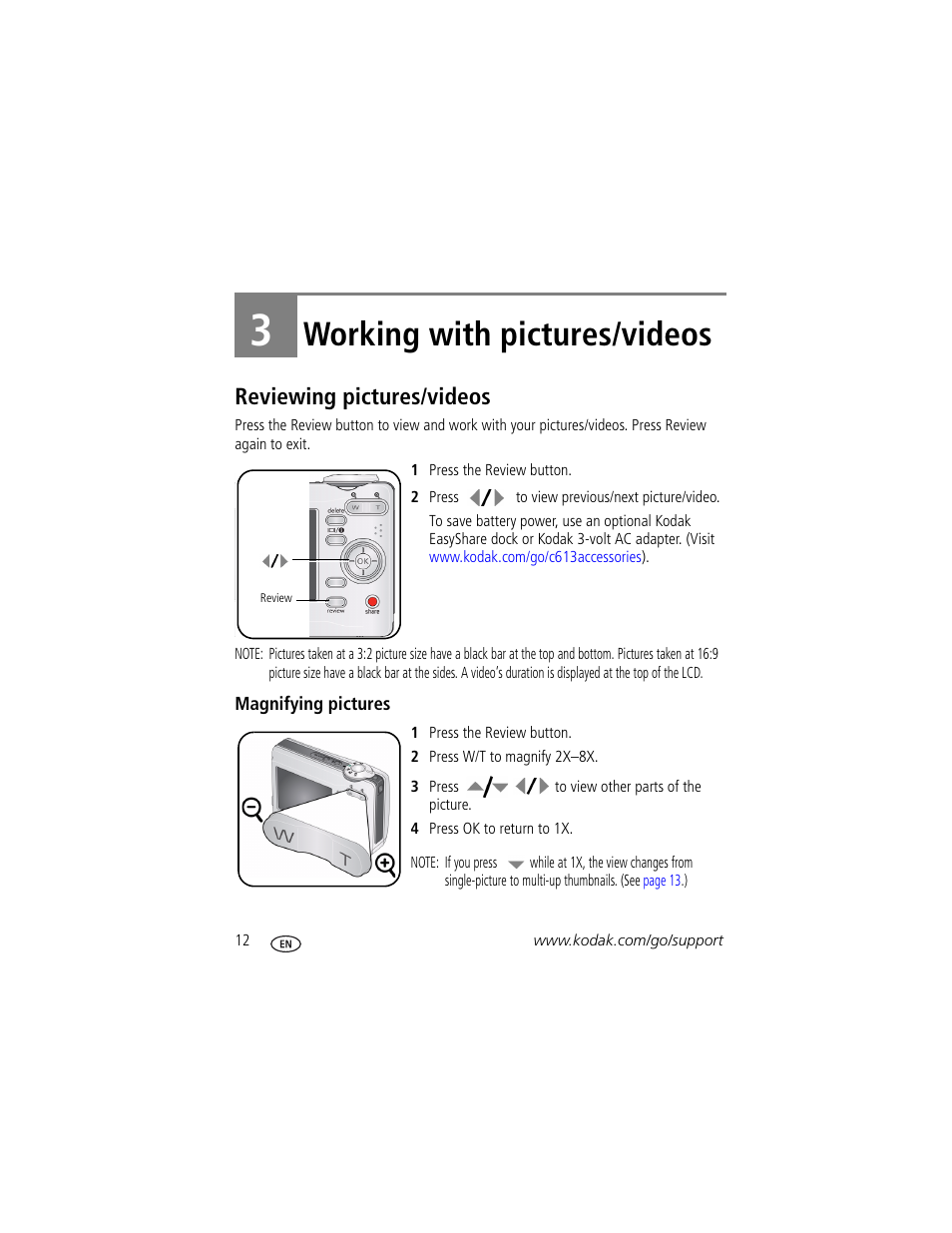 Working with pictures/videos, Reviewing pictures/videos, Magnifying pictures | 3 working with pictures/videos | Kodak EASYSHARE C613 User Manual | Page 18 / 69