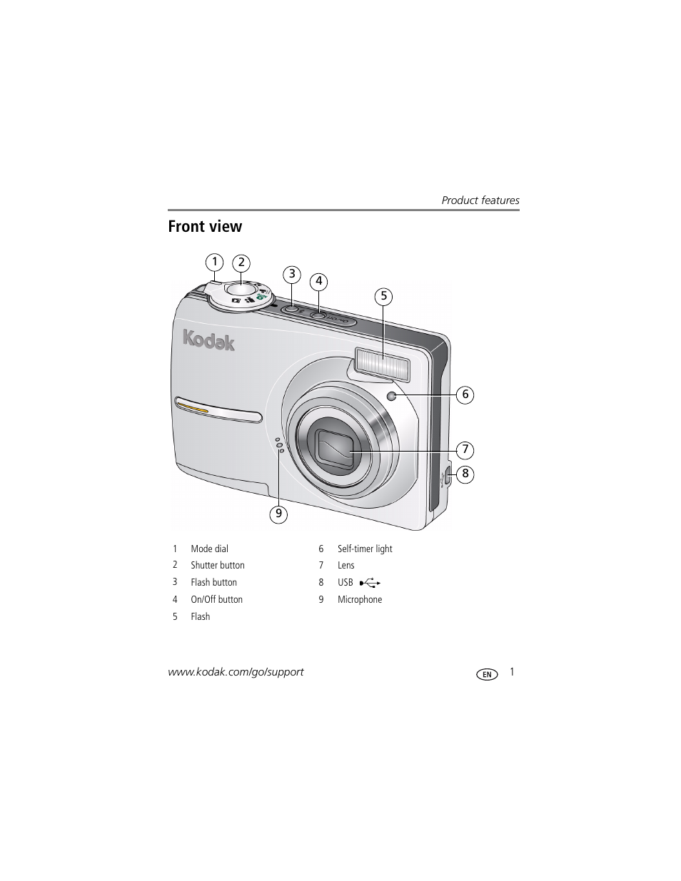 Product features, Front view | Kodak EASYSHARE C613 User Manual | Page 3 / 69