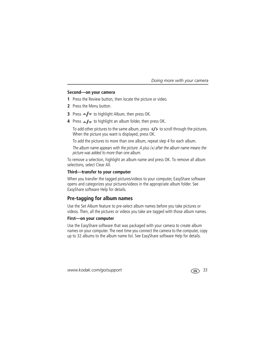 Third-transfer to your computer, Pre-tagging for album names, First-on your computer | Kodak EASYSHARE C613 User Manual | Page 39 / 69