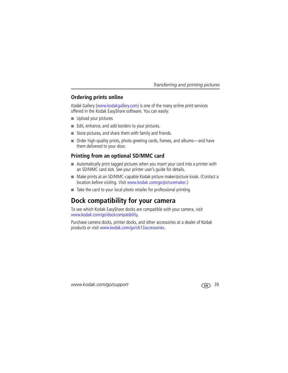 Printing from an optional sd/mmc card, Dock compatibility for your camera | Kodak EASYSHARE C613 User Manual | Page 45 / 69