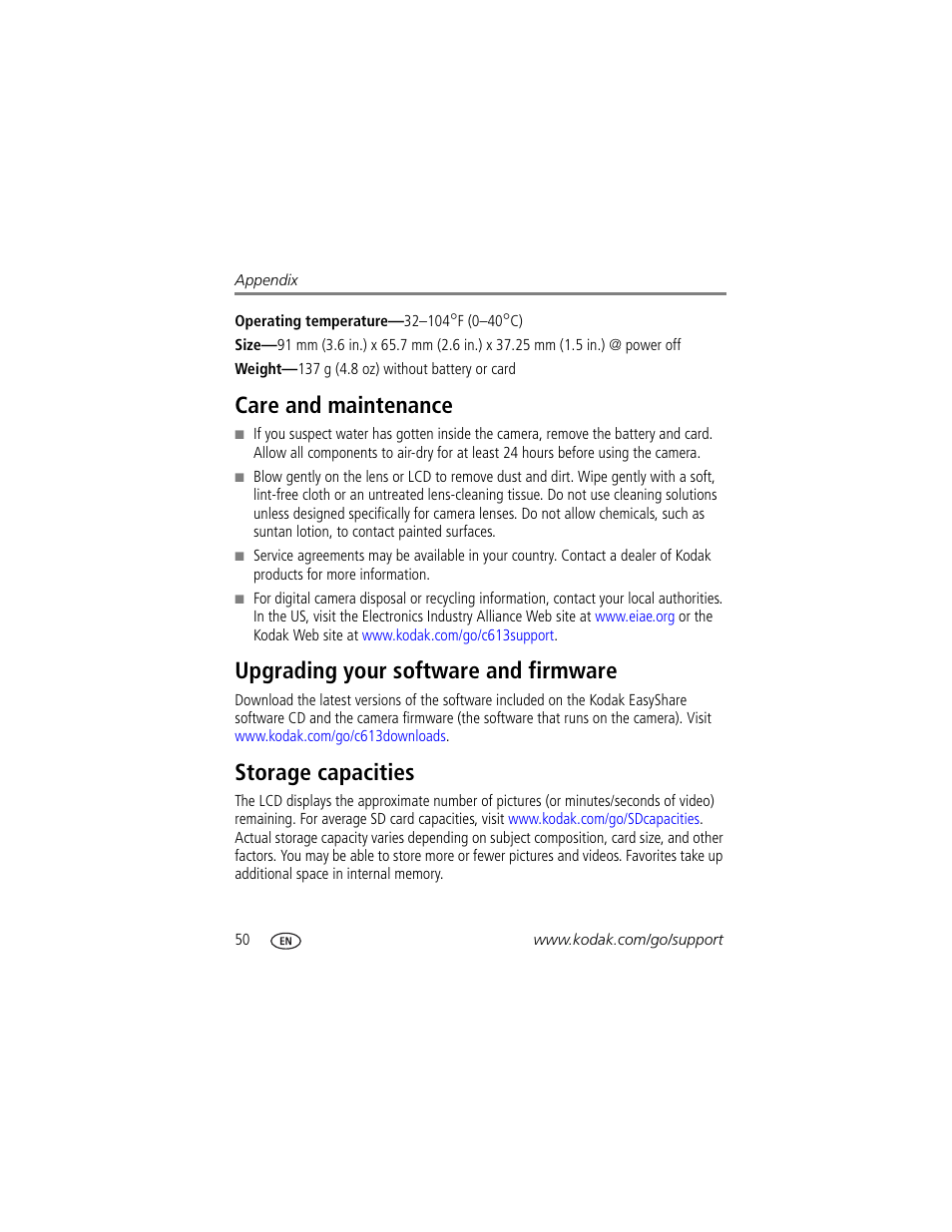 Care and maintenance, Upgrading your software and firmware, Storage capacities | Kodak EASYSHARE C613 User Manual | Page 56 / 69