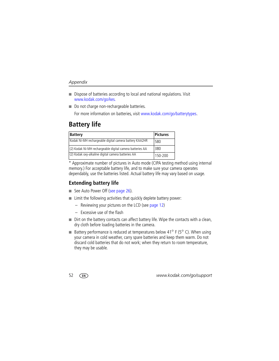 Battery life, Extending battery life, Before | Kodak EASYSHARE C613 User Manual | Page 58 / 69