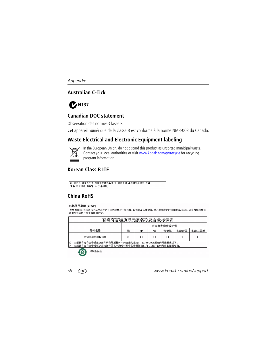Australian c-tick, Canadian doc statement, Waste electrical and electronic equipment labeling | Korean class b ite, China rohs | Kodak EASYSHARE C613 User Manual | Page 62 / 69