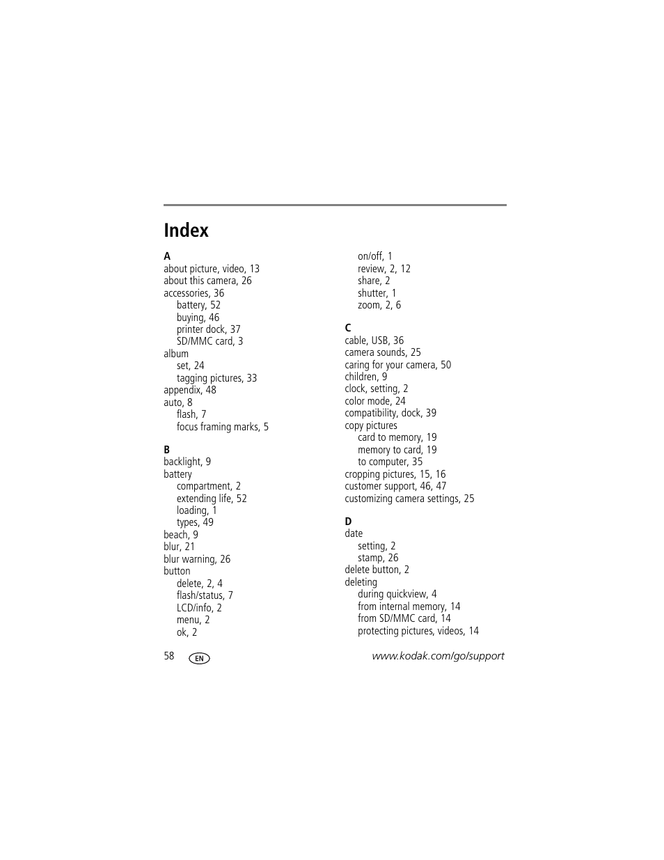 Index | Kodak EASYSHARE C613 User Manual | Page 64 / 69