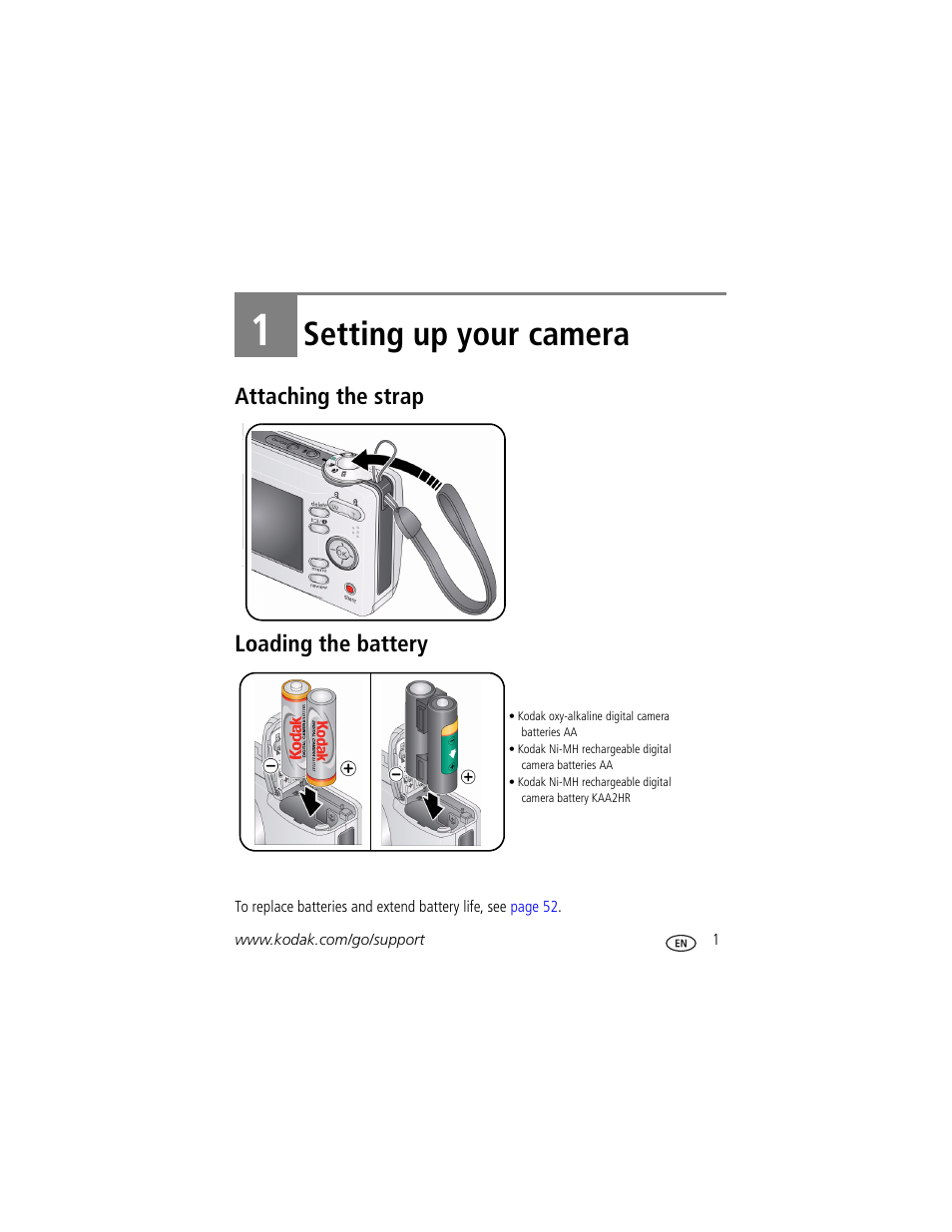 Setting up your camera, Attaching the strap, Loading the battery | 1 setting up your camera, Attaching the strap loading the battery | Kodak EASYSHARE C613 User Manual | Page 7 / 69