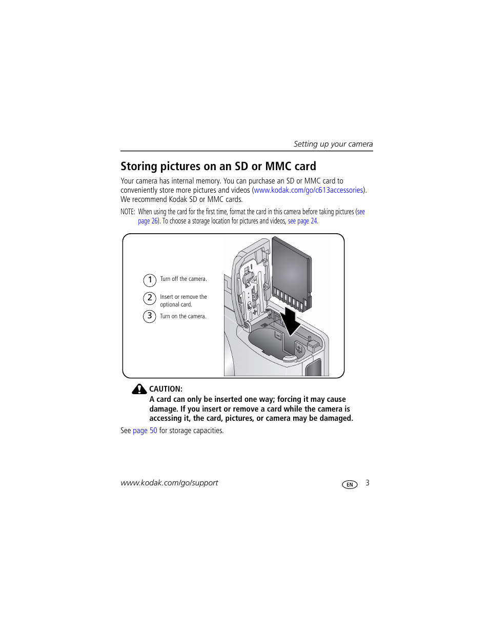 Storing pictures on an sd or mmc card | Kodak EASYSHARE C613 User Manual | Page 9 / 69