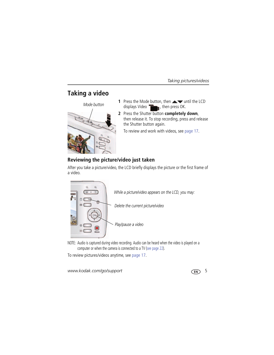 Taking a video, Reviewing the picture/video just taken | Kodak C15 User Manual | Page 11 / 60