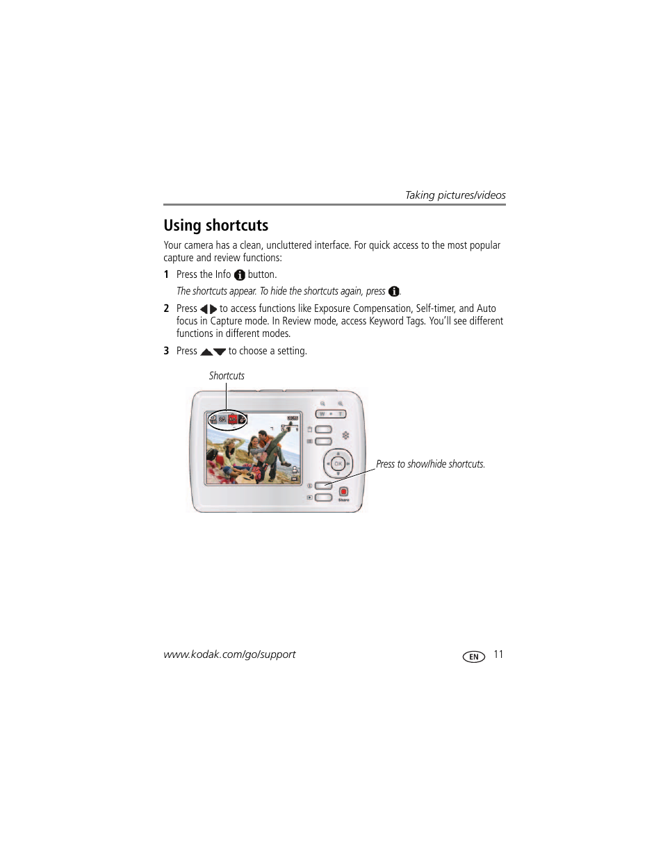 Using shortcuts | Kodak C15 User Manual | Page 17 / 60