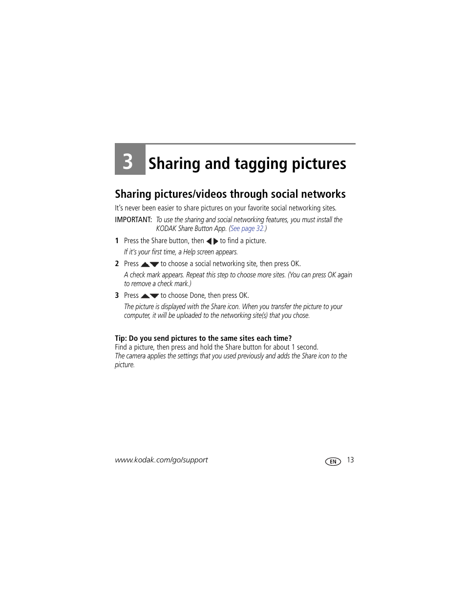 Sharing and tagging pictures, Sharing pictures/videos through social networks, 3 sharing and tagging pictures | Kodak C15 User Manual | Page 19 / 60