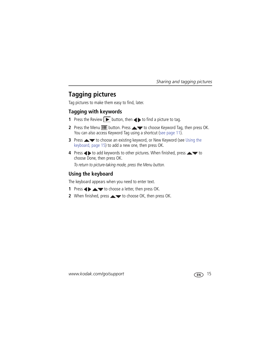 Tagging pictures, Tagging with keywords, Using the keyboard | Kodak C15 User Manual | Page 21 / 60