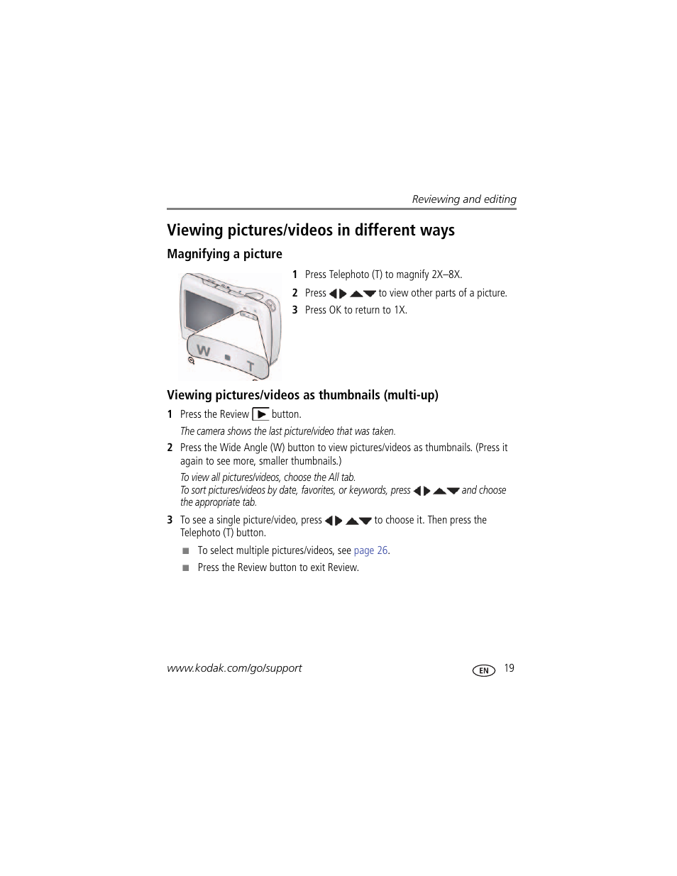 Viewing pictures/videos in different ways, Magnifying a picture, Viewing pictures/videos as thumbnails (multi-up) | Kodak C15 User Manual | Page 25 / 60