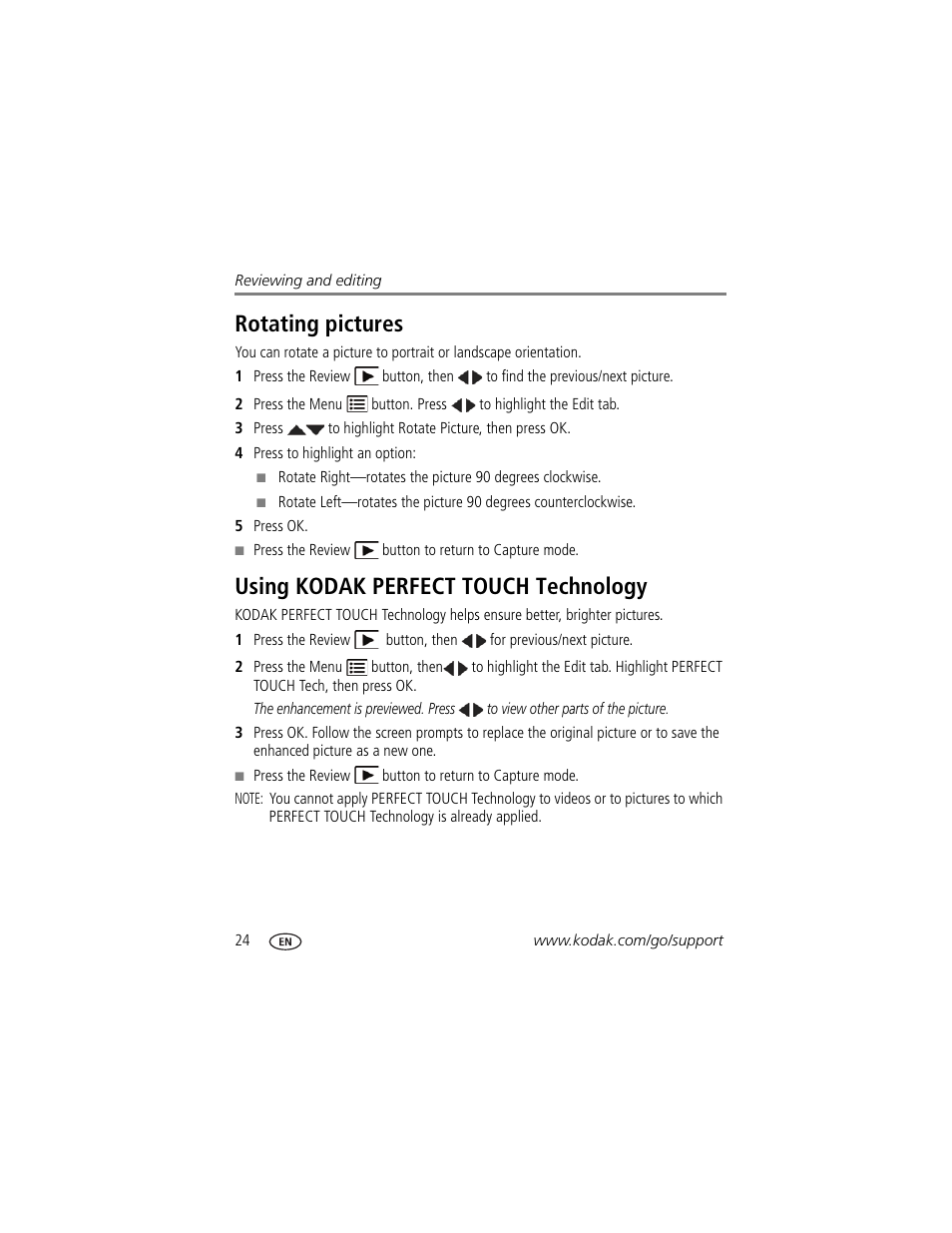 Rotating pictures, Using kodak perfect touch technology | Kodak C15 User Manual | Page 30 / 60